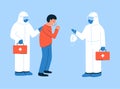 Modern vector illustration in flat style. Coughing, sneezing man and doctors in hazmat suits helping him to recover