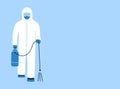 Modern vector illustration in flat style. Doctor in hazmat suit with disinfection equipment. Front view. Decontamination