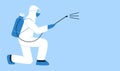 Modern vector illustration in flat style. Doctor in protective suit with disinfection equipment. Side view