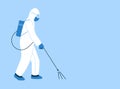 Modern vector illustration in flat style. Specialist in protective suit with disinfection equipment. Decontamination as