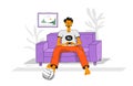 Vector illustration of a gamer sitting in a room on a sofa with a joystick in his hands