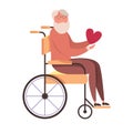 Modern vector illustration of handicapped old man with heart symbol in hands. Happy male character in wheelchair. Royalty Free Stock Photo