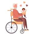 Modern vector illustration of happy cute grandfather in wheelchair with kid. Disabled old man holding a baby in his arms