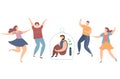 Modern vector illustration of introvert and extravert on party. Lonely introvert boy among dancing people. Sad man under