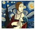 Modern vector Illustration. Lady with an Ermine by Leonardo da Vinci with starry night background Royalty Free Stock Photo