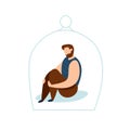 Modern vector illustration of miserable, sad, unhappy man sitting under the glass dome. Concept of depression, trouble