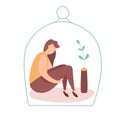 Modern vector illustration of miserable, sad, unhappy woman sitting under the glass dome. Concept of depression, trouble