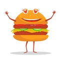Funny, funny hamburger with a smile on his face.