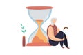 Modern vector illustration of old man sitting near hourglass. Concept of lifetime. Cycle of life. Aging. Elderly