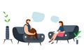 Modern vector illustration of Psychotherapy. Woman psychologist and crying and sad man patient. Sitting on sofa. Mental