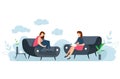 Modern vector illustration of Psychotherapy. Woman psychologist and crying and sad woman patient. Sitting on sofa