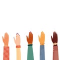 Modern vector illustration of raised human hands Multinational and different sexual orientation people. Concept of