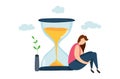 Modern vector illustration of sadness woman sitting near hourglass. Concept of lifetime. Cycle of life. Aging