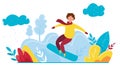 Modern vector illustration of winter season featuring Christmas holidays outdoor activities. Cartoon snowboard rider