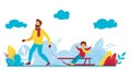 Modern vector illustration of winter season featuring Christmas holidays outdoor activities. Kids riding sledding slide