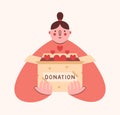 Woman volunteer with box for donation in hands. Cute clipart in flat style with girl activist.