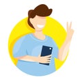 Modern vector illustration of young man with smartphone taking selfie. Cartoon illustration of millenial making photo of yourself