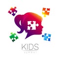 Modern Vector Kid logotype head with Puzzle inside brain in Violet Color. Logo sign of Psychology. Child Profile Human