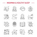 Modern vector line icon of insomnia problem and healthy sleep