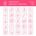 Modern vector line icon of pregnancy management and obstetrics. Gynecology elements - chair, tests, doctors, sonogram, baby
