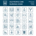 Modern vector line icon of senior and elderly care. Nursing home elements - old people, wheelchair, activities, dentures, medicine Royalty Free Stock Photo