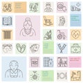 Modern vector line icon of senior and elderly care. Nursing home elements - old people, wheelchair, leisure, hospital call