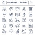 Modern vector line icon of senior and elderly care. Nursing home elements - old people, wheelchair, leisure, hospital