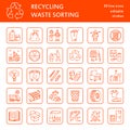 Modern vector line icon of waste sorting, recycling. Garbage collection. Waste types - paper, glass, plastic, metal. Linear