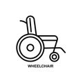 Modern vector line icon of wheelchair. Disabled people help linear logo. Outline symbol for handicapped. Special needs