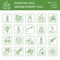 Modern vector line icons of aromatherapy and essential oils. Elements - aromatherapy diffuser, oil burner, spa candles