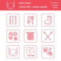 Modern vector line icons set of knitting and crochet. Hand made elements: yarn, knitting needle, knitting hook, pin and others. Royalty Free Stock Photo