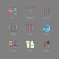 Modern vector line icons set of knitting and crochet. Knitting elements: yarn, knitting needle, knitting hook, pin and others. Royalty Free Stock Photo