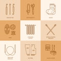 Modern vector line icons set of knitting and crochet. Royalty Free Stock Photo