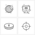 Modern Vector Line Illustration of 4 Simple Line Icons of globe, euro bank, network, laptop, financial center