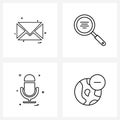 Modern Vector Line Illustration of 4 Simple Line Icons of message, microphone, email, magnifying glass, globe