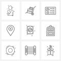 Modern Vector Line Illustration of 9 Simple Line Icons of tick, clapboard, graph, map pointer, location Royalty Free Stock Photo