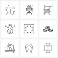 Modern Vector Line Illustration of 9 Simple Line Icons of watch, clock, document, timer, Christmas