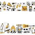 Modern vector patterns in black, white and yellow color. Seamless horizontal borders of camping equipment. Endless brush