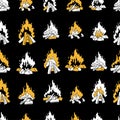 Modern vector seamless pattern with burning fire on a black background. Isolated bonfire illustrations. Endless texture Royalty Free Stock Photo