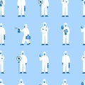 Modern vector seamless pattern in flat style. Endless texture with people in white hazmat suits isolated on blue. Stop Royalty Free Stock Photo