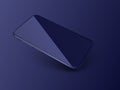 Modern vector smart phone lies on a smooth dark blue surface. New shiny mobile cellphone with reflection on the screen Royalty Free Stock Photo