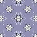 Modern vector Star Pattern. Seamless background with snowflakes. Black Stroke, white Stars with rays on the lilac Royalty Free Stock Photo