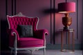 Modern Velour Chair Viva Magenta, color of the year 2023on wooden legs, grey background