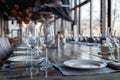 Modern veranda restaurant interior, banquet setting, glasses, plates