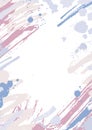 Modern vertical backdrop decorated with pink and blue pastel paint traces, blots and brush strokes on white background