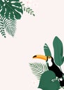 Modern vertical banner with tropical leaves and Toucan bird.