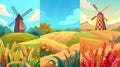 Modern vertical posters of agriculture, local organic produce fair with cartoon illustration of wheat fields and Royalty Free Stock Photo