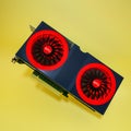 Modern video card on a yellow background. three-dimensional computer background of the GPU. 3d render illustration Royalty Free Stock Photo