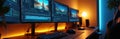 Modern video editing studio setup with multiple screens displaying timeline interface. Pro workspace, creative environment. Royalty Free Stock Photo