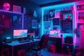 modern video game streamer room colorful blue pink neon colored room gadgets gaming pc gamers streamers play compete online their